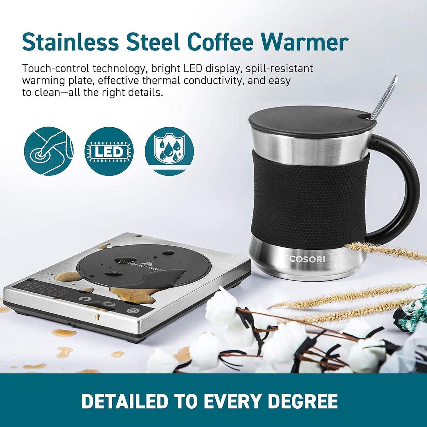 COSORI Coffee Mug Warmer & Mug Set for Desk, Cup Heater, Office & Christmas Gifts, 1°F Precise Temperature Control, Touch Tech & LCD Digital Display (77-194℉), 304 Stainless Steel, Silver/Black