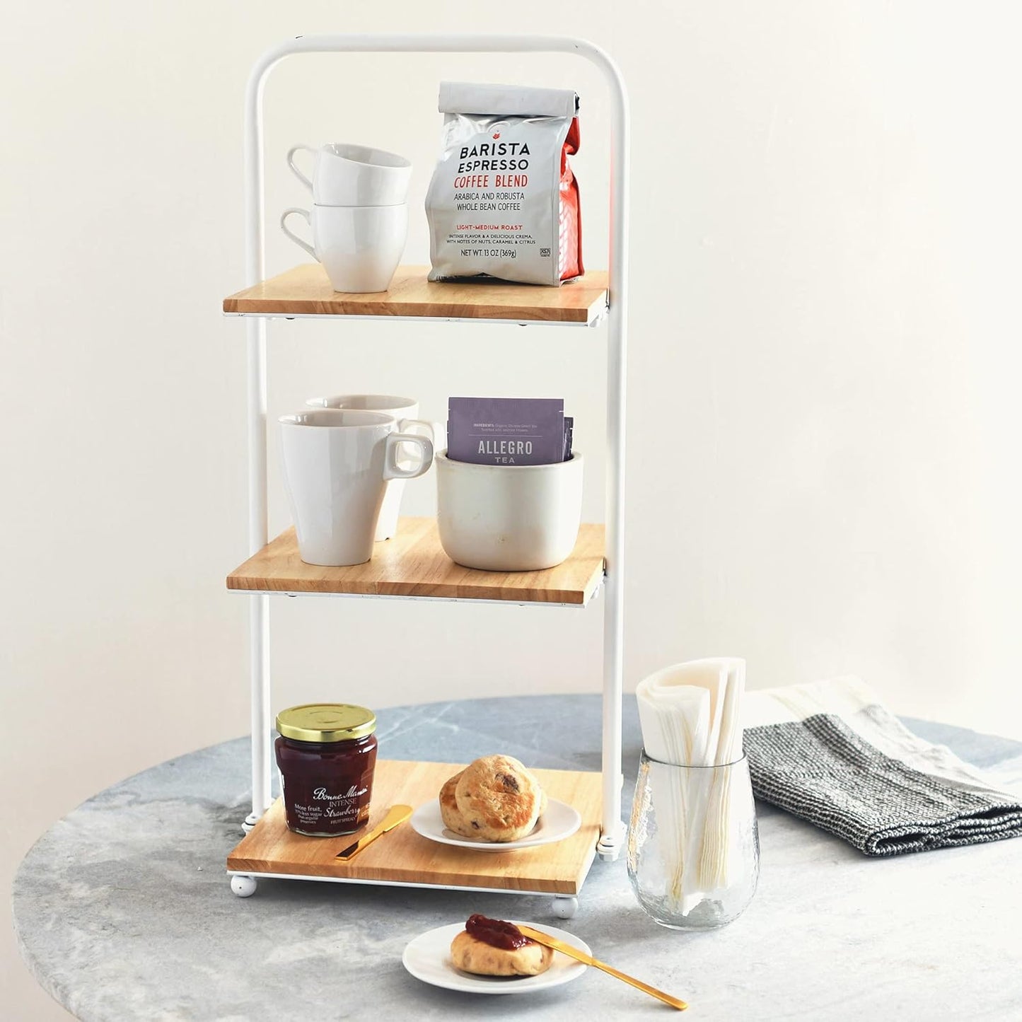 Creative Co-Op Modern Decorative 3 Shelves Solid Wood Kitchen Coffee or Tea Station and Plant Holder, White Tiered Tray - Retail $27
