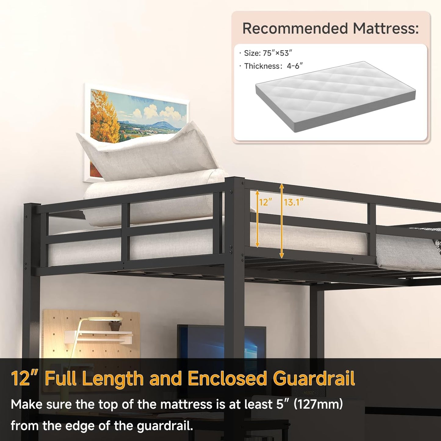 Heavy Duty Metal Full Size Loft Bed with Desk and Shelves, Loft Bed with Ladder and Guardrails, Loft Bed Frame for Bedroom, Black with Vintage Wood-Colored Desk and Open Storage Shelves