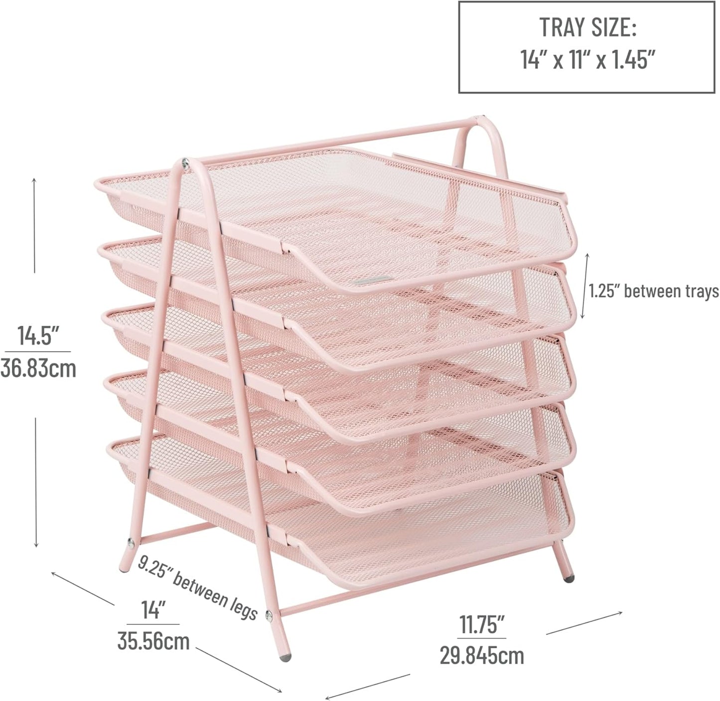 Mind Reader 5-Tier Paper Tray, Desktop Organizer, File Storage, Office, Metal Mesh, 11.75" L x 14" W x 15" H, Pink - Retail $18