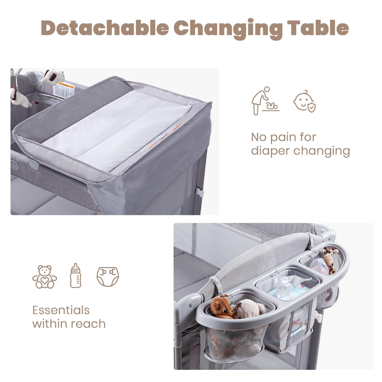 Baby Bassinets Bedside Sleeper, 4 in 1 Portable Bedside Crib w/Mattress, Diaper Changer, Storage Basket, Music Box, Carry Bag, Foldable Playard Sleeper for Newborn (Light Gray)