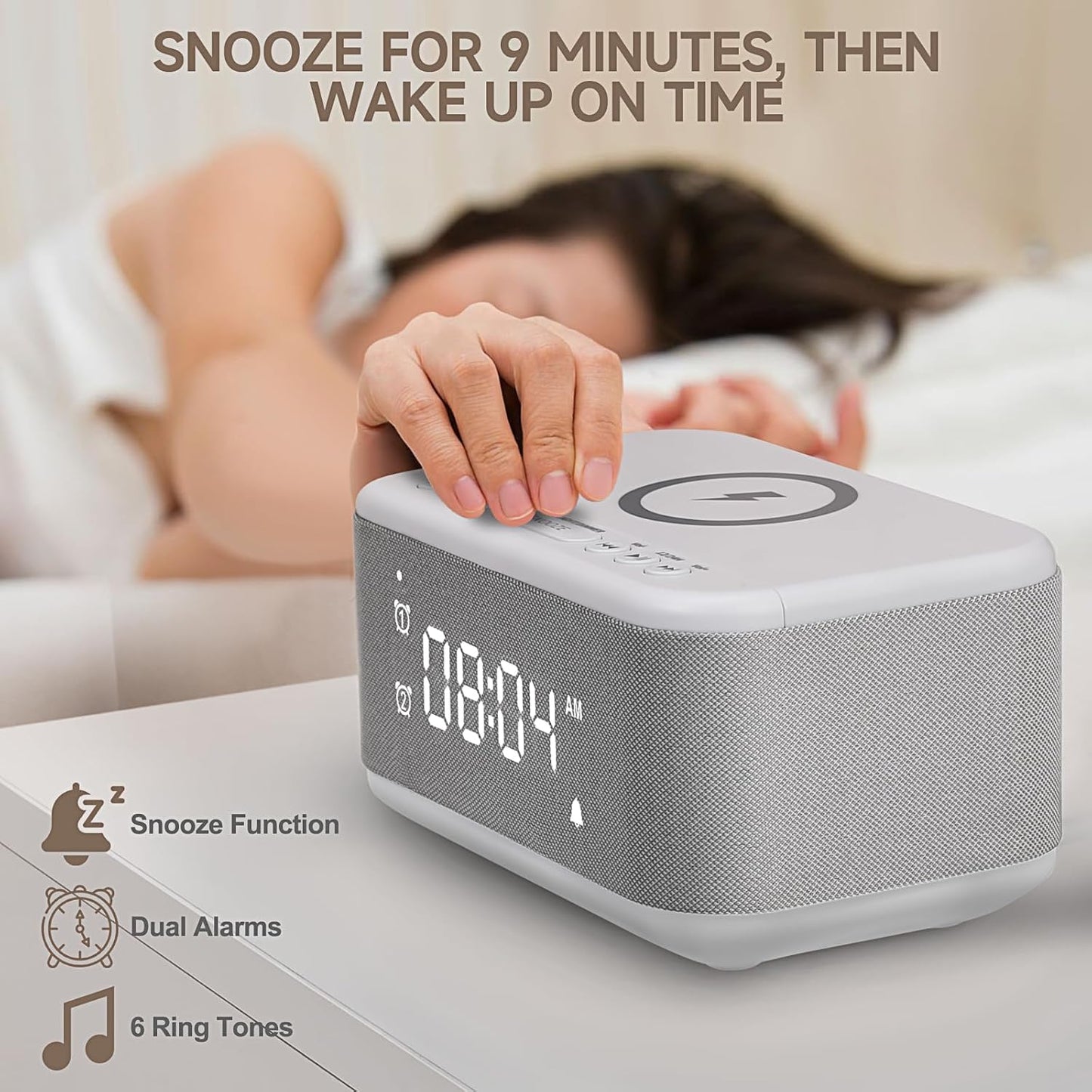 Alarm Clock Speaker Wireless Charger, Digital Alarm Clocks Bedrooms Bluetooth, Alarm Clock Dimmable Light Bedrooms Dual Alarm Snooze Dimmer 12 24H RGB Night Light Bluetooth USB AUX, White