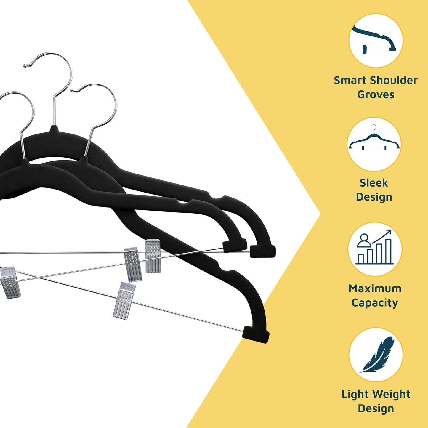 Lifemaster Velvet Skirt Hangers – with Adjustable Clips, 360 Degree Swivel Hook, and Non-Slip Shoulder Notch, Holds Up to 10 lbs, for Organizing Skirt, Pants, Dress, and Clothes, Pack of 30, Black