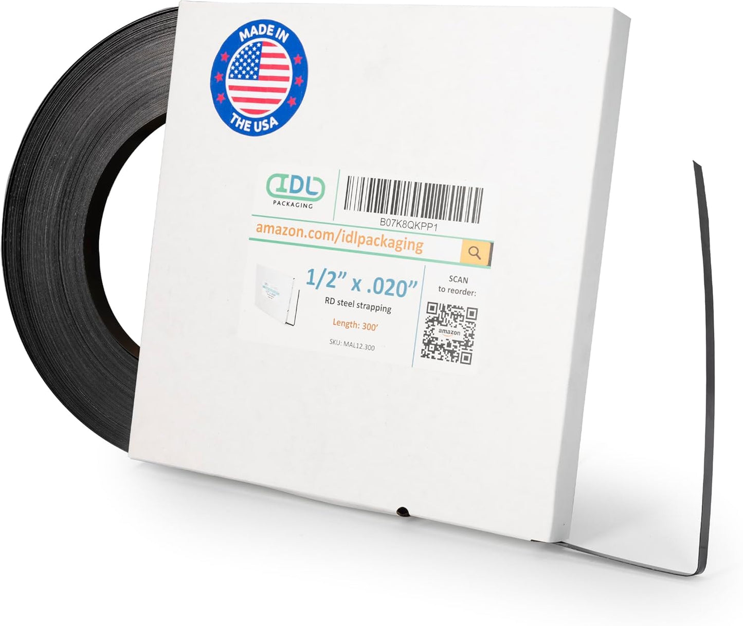 IDL Packaging 1/2" x .020" x 300' Steel Strapping Coil (1100 Lbs Break Strength) in Self-Dispensed Сardboard Box