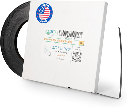 IDL Packaging 1/2" x .020" x 300' Steel Strapping Coil (1100 Lbs Break Strength) in Self-Dispensed Сardboard Box
