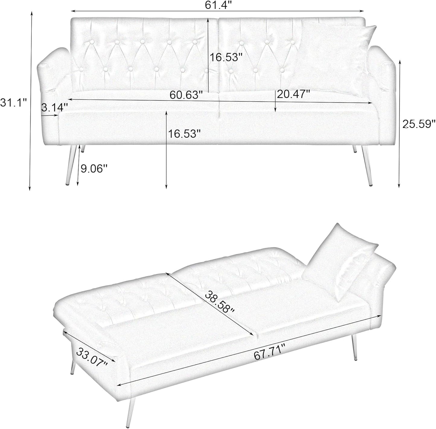 NEW - Elevon Futon Couch, Convertible Futon Sofa Bed, Faux Leather Folding Recliner Sleeper, Modern Lounge Sofa with Adjustable Armrests and Pillow for Living Room, Small Space, Office, Apartment, White - Retail $270