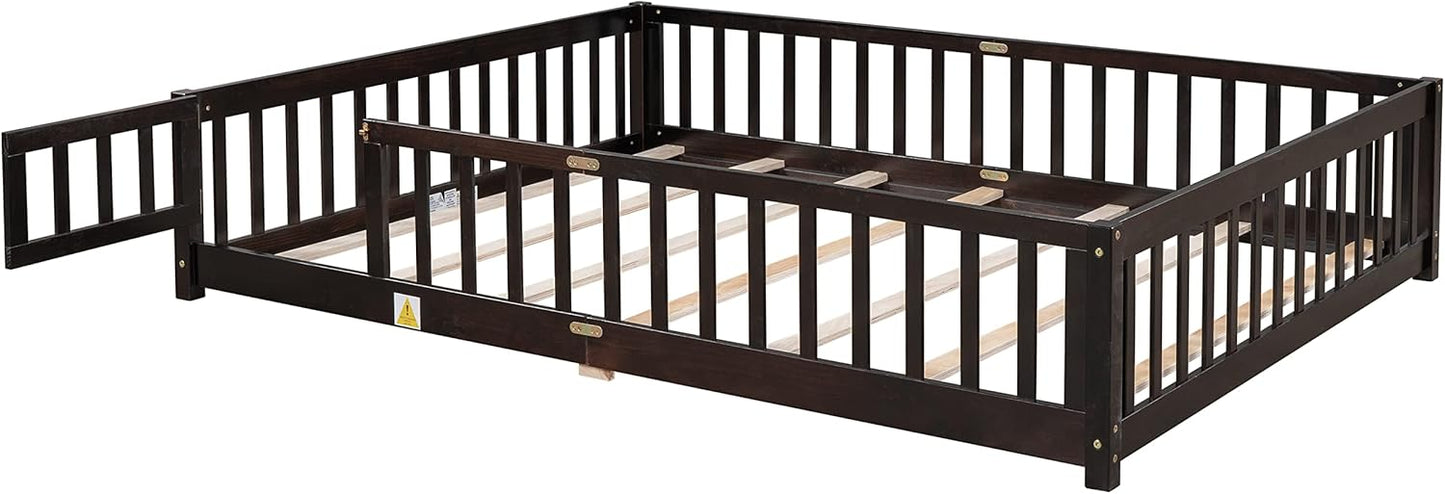 NEW - Dolonm QUEEN Size Montessori Bed, Toddler Floor Bed for Kids, Floor Platform Bed with Fence Guardrails and Door, Montessori Floor Bed Frame, Wooden Floor Bed Toddler, Espresso