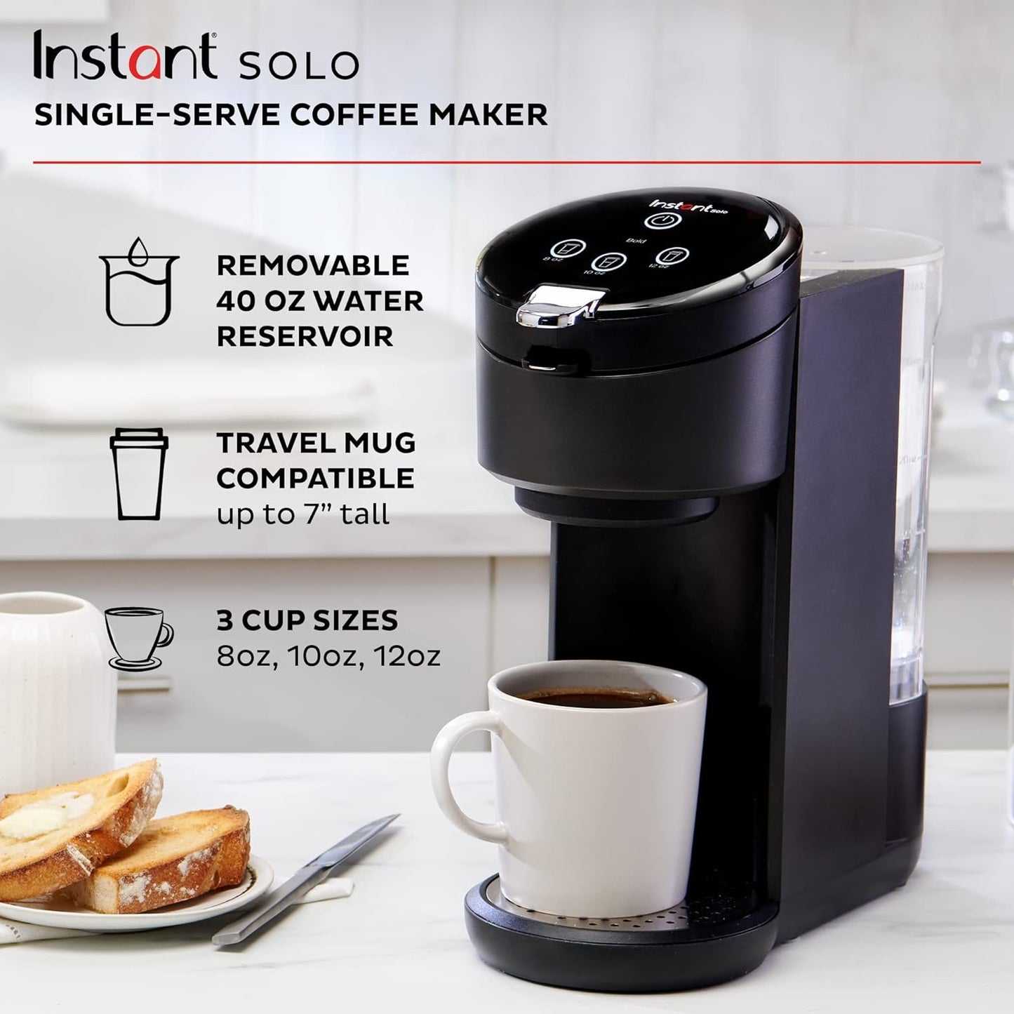 NEW - Instant Solo Single Serve Coffee Maker, From the Makers of Pot, K-Cup Pod Compatible Brewer, Includes Reusable & Bold Setting, Brew 8 to 12oz., 40oz. Water Reservoir, Black - Retail $69