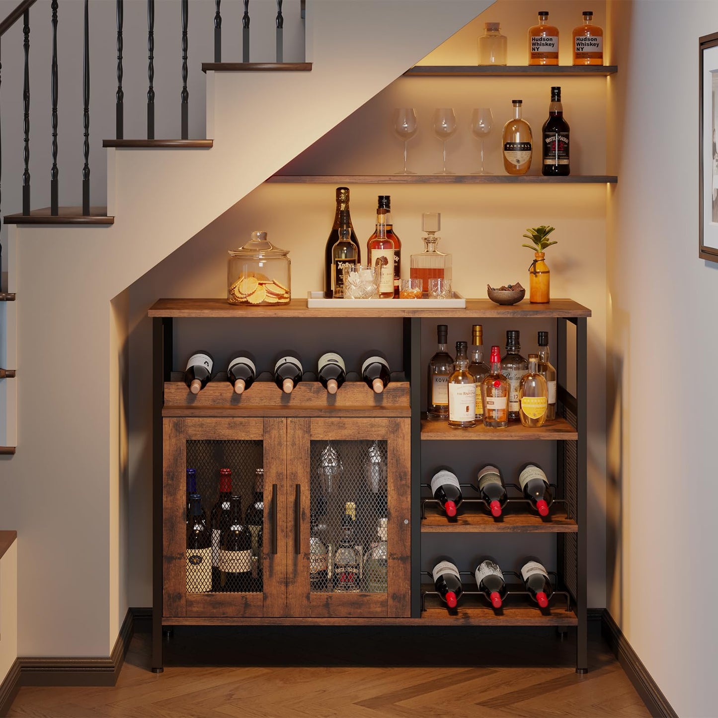 X-cosrack Wine Bar Rack Cabinet with Detachable Wine Rack, Coffee Bar Cabinet with Glass Holder, Small Sideboard and Buffet Cabinet with Mesh Door, Rustic Brown, Large
