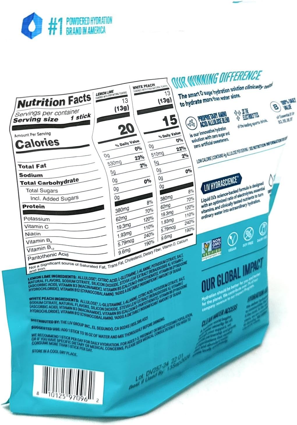 Liquid I.V. Sugarfree Hydration Multiplier 15x Lemon Lime & 15x White Peach - 30 Sticks