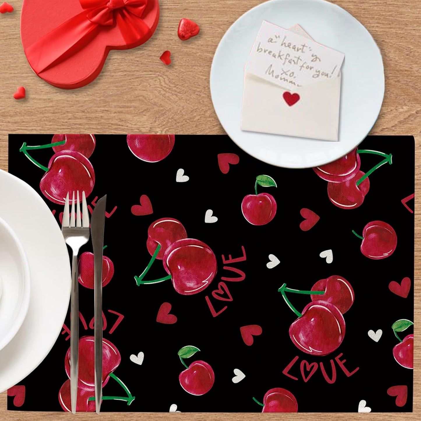 Valentines Day Cherry Black Placemats Set of 4, Love Hearts Dining Place Mats Table Decor, Anniversary Wedding Home Kitchen Decoration 12 x 18 Inch