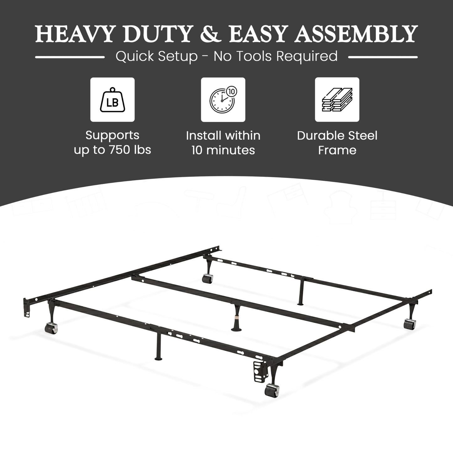 Kings Brand Furniture 7-Leg Heavy Duty Adjustable Metal Bed Frame – Queen/Full/Full XL/Twin/Twin XL, Center Support Rail, Locking Wheels, Noise-Free, Easy Assembly – Support for Box Spring & Mattress