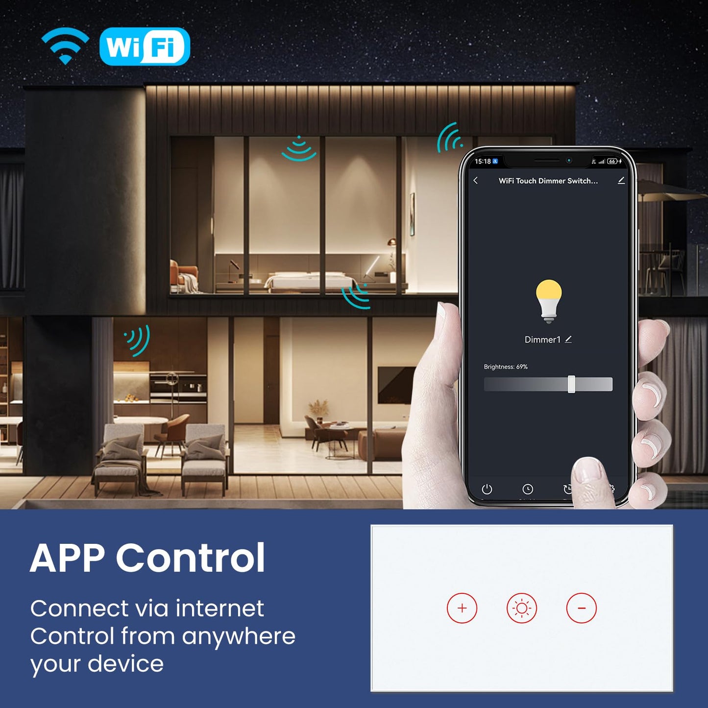Smart Dimmer Switch,Single-Gang,Neutral Required,2.4GHz,Tuya/Smart Life App/Alexa,Tempered Glass Panel,White