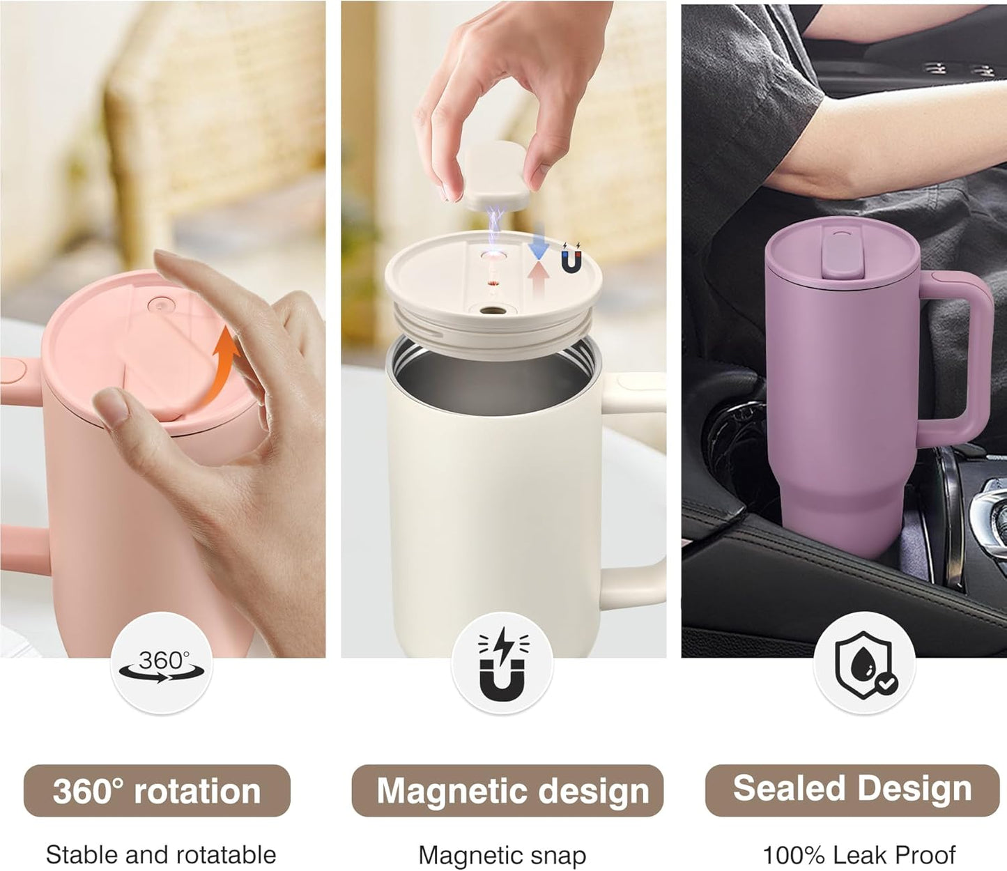 40 oz Tumbler with Handle and Magnetic Straws Lid, Stainless Steel Insulated cups 100% Leakproof Travel Coffee Mug, Grey