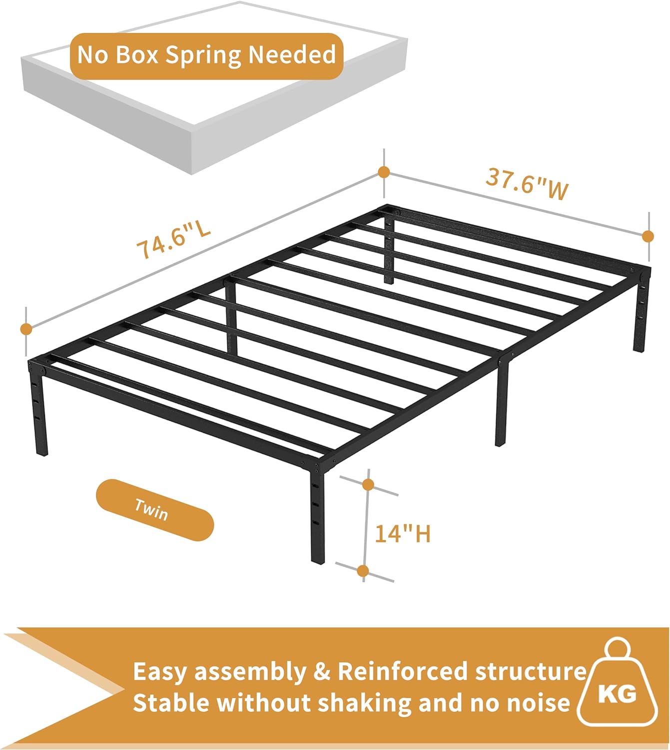 NEW - Hafenpo TWIN 14 Inch - Durable Platform Non-Slip Metal No Box Spring Needed Heavy Duty Twin Size Bed Frame Easy Assembly Strong Bearing Capacity - Retail $56