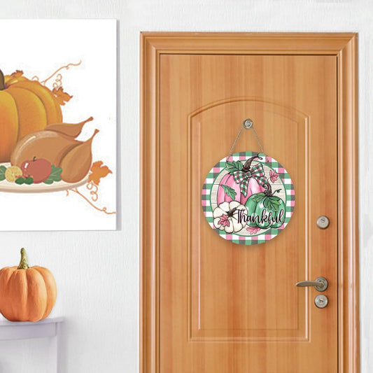 Fall Thanksgiving Thankful Pumpkin Front Door Sign, Pink Green Autumn Wood Door Hanger