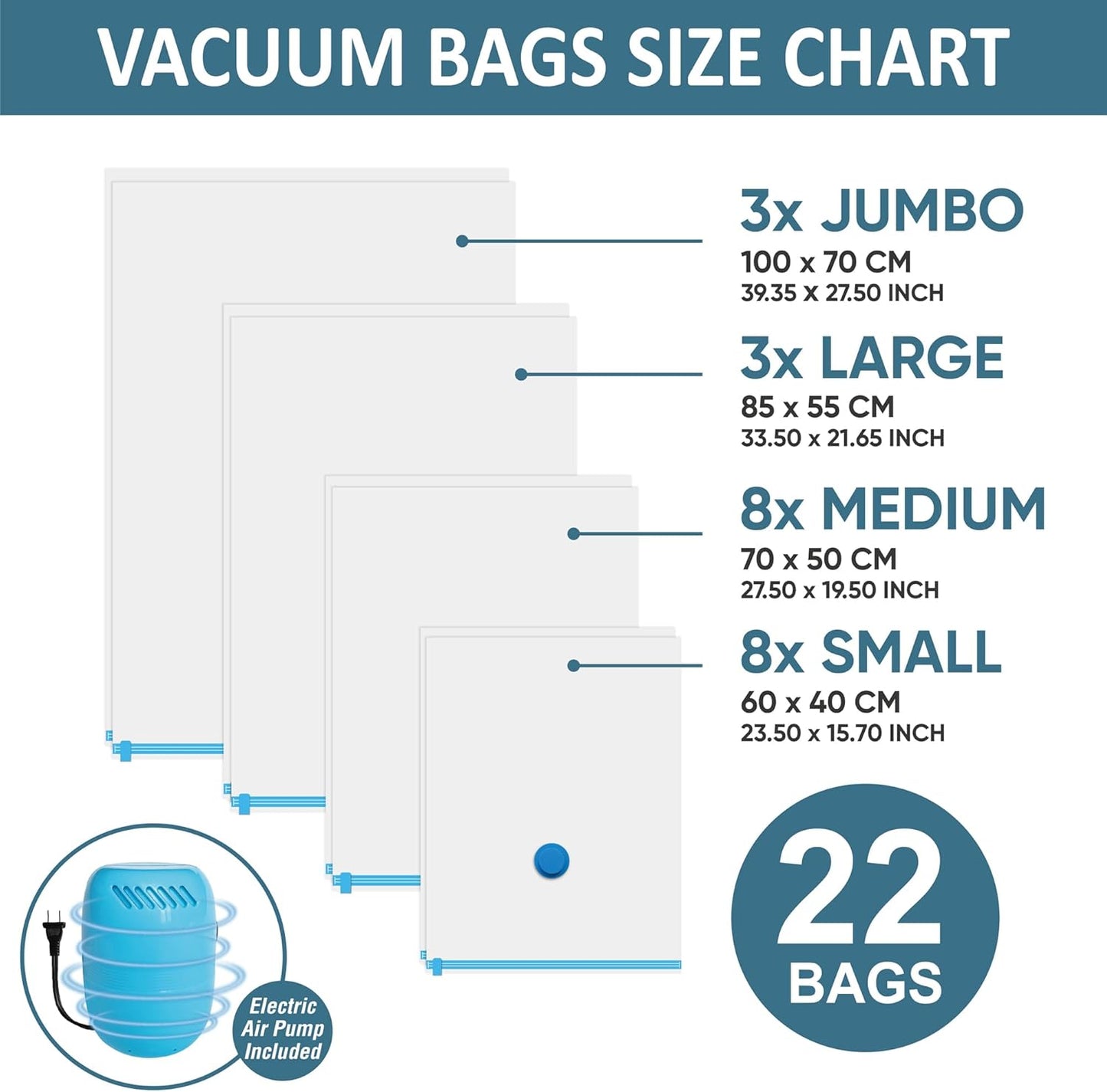 22 Vacuum Storage Bags with Electric Pump, Vacuum Sealed Storage Bags
