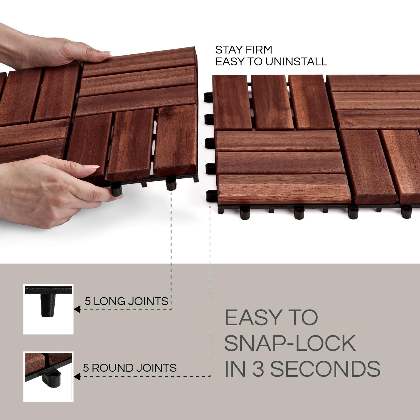 Set 10 Premium Deck Tiles, Interlocking Deck Tile, Wooden Patio Flooring Outdoor Waterproof, Acacia Wood Decking All Weather for Balcony Indoor and Outdoor Use (Dark Brown, Round Joints)