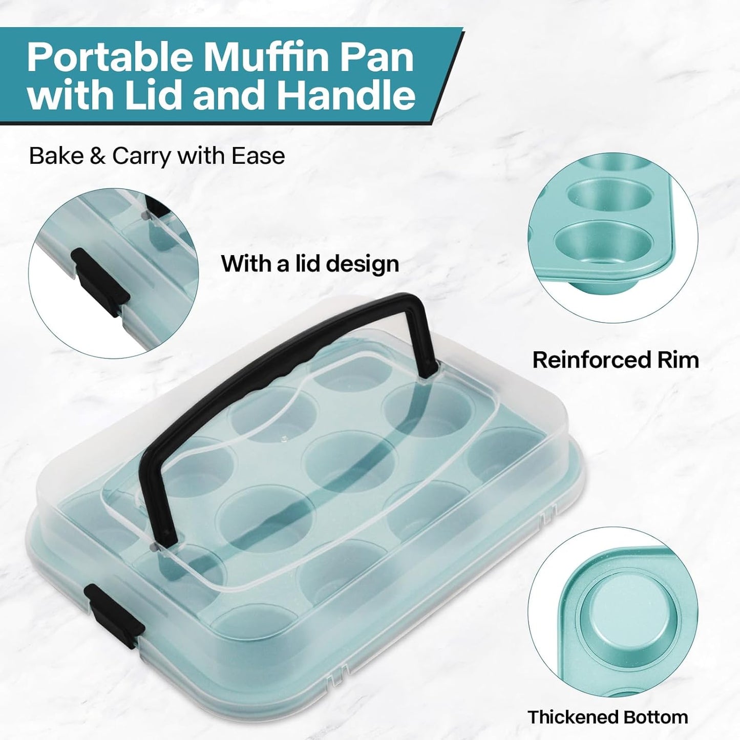 Blue 12-Cup Muffin Pan with Lid, 2-Pack Metal Cupcake Pan with Handle, Portable Blue Muffin Pans Nonstick 12 with Cover Ideal for Easy Carrying, Holiday, Party and Travel