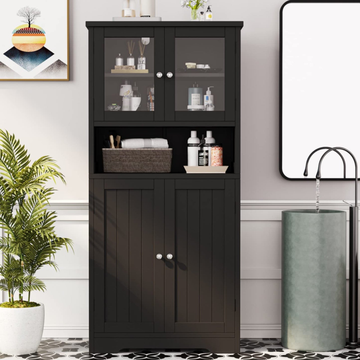 Irontar Bathroom Cabinet, Bathroom Floor Cabinet with Open Shelf, Display Storage with Doors, Kitchen Cupboard, Storage Cabinet for Living Room, 23.6 x 11.8 x 50.4 Inches, Black CWG006B