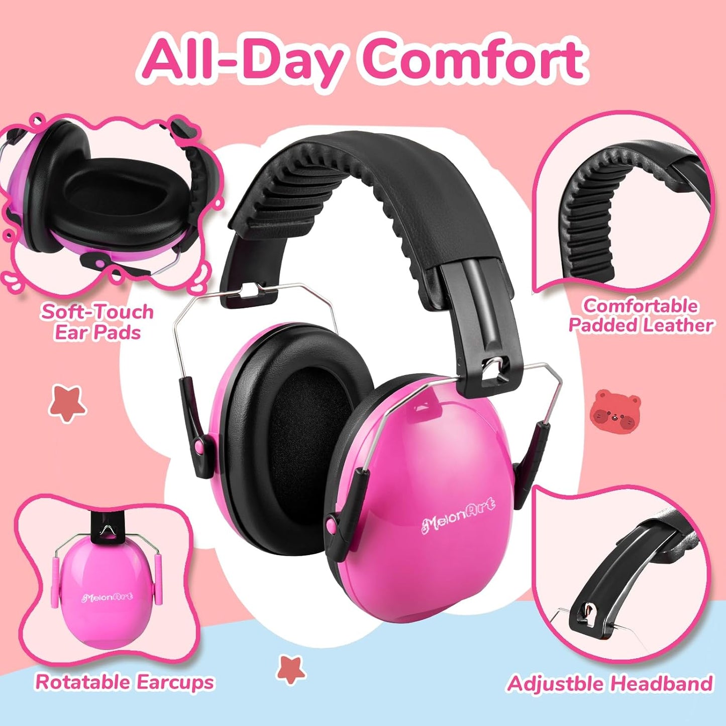 MelonArt Kids Ear Protection Earmuff Headphones for Noise Reduction (Mint & Pink & Orange)