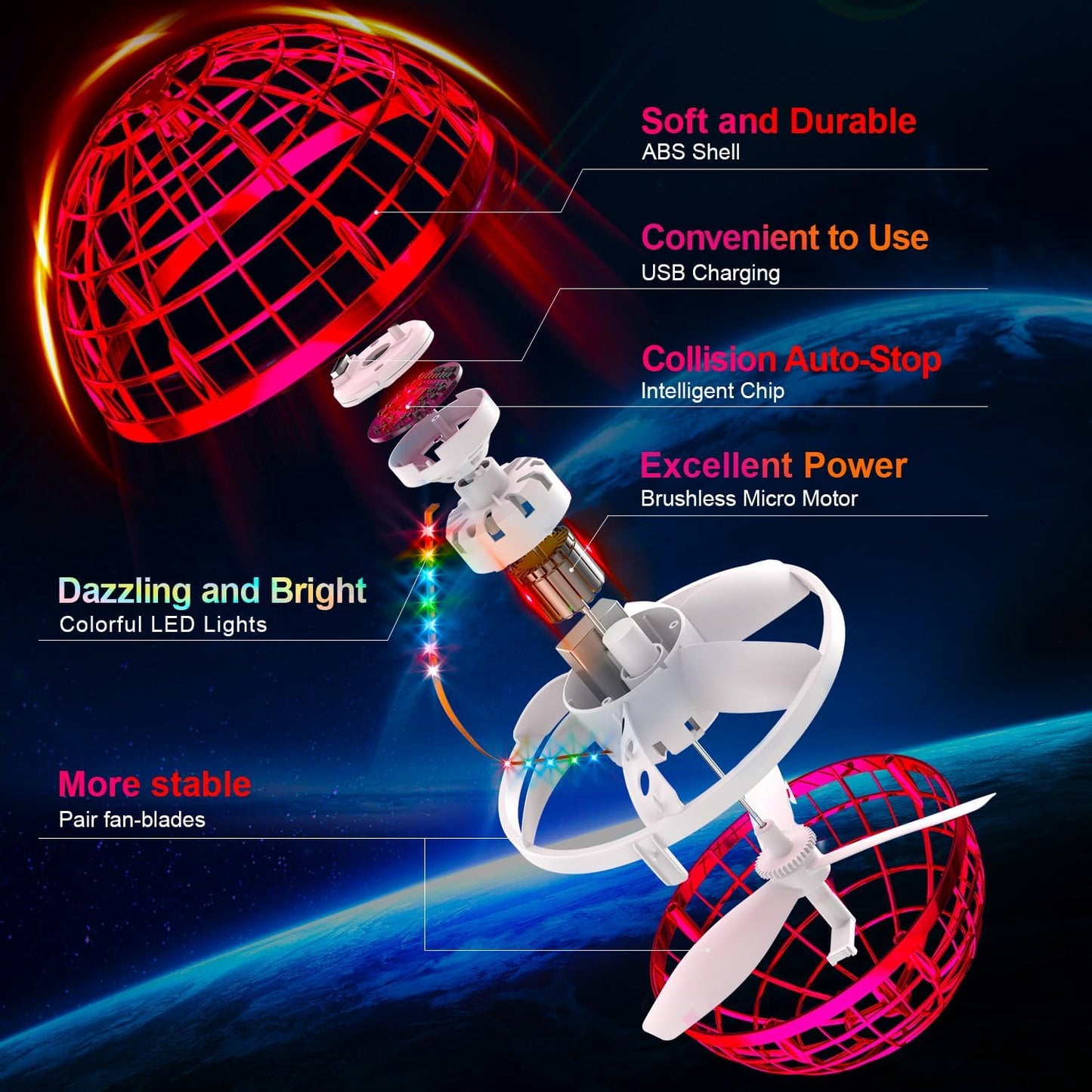 Flying Orb Ball, Red with Dazzling Lights, Magic Hover Spinner, Cool Boomerang Drone