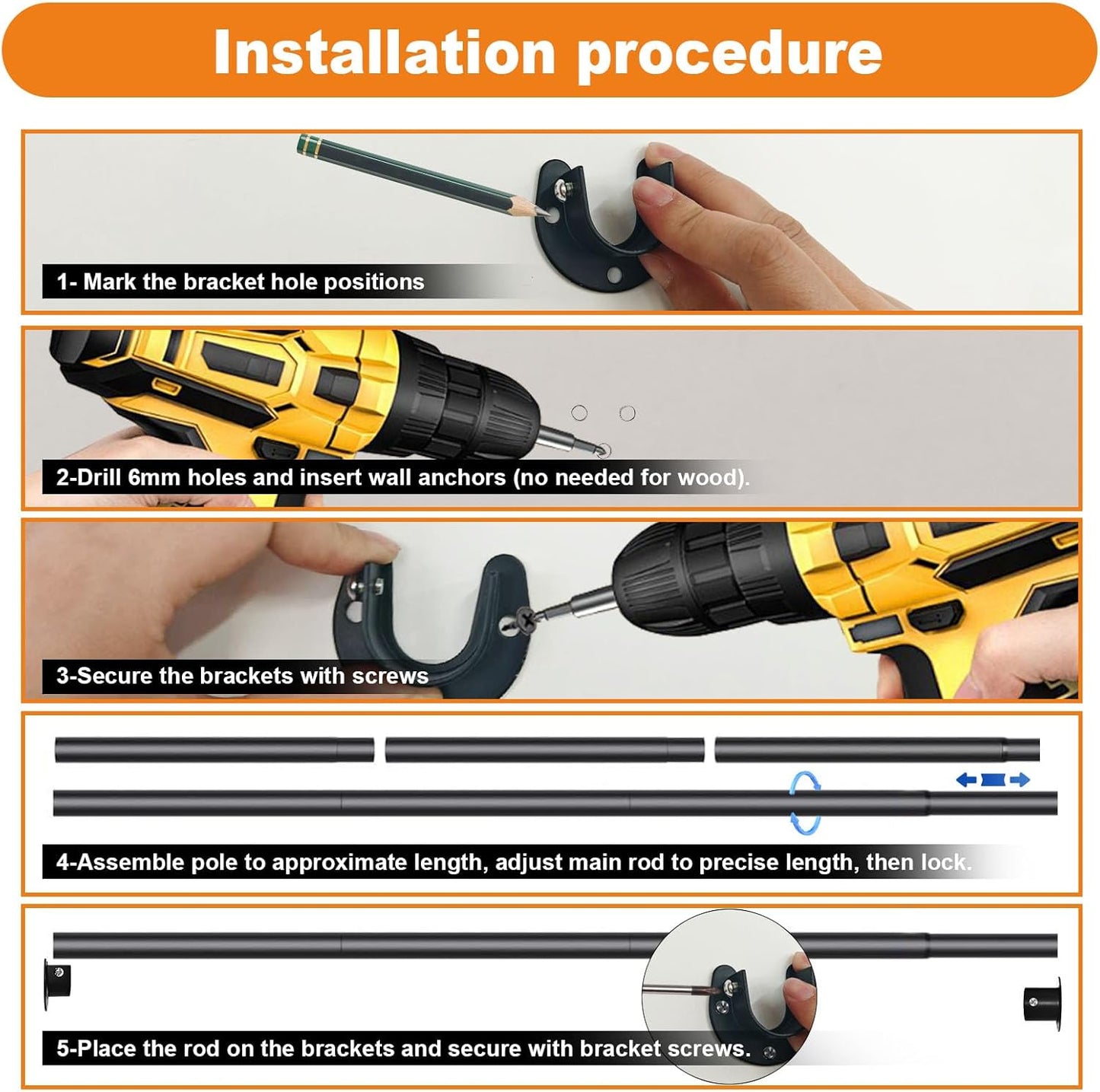 Closet Rod, 17 to 40 Inch Closet Rods for Hanging Clothes, 1.3 Inch Diameter Stepless Adjustable Clothes Hanging Rod, Black Heavy Duty Hanging Bar for Closet Wardrobes Bathroom Laundry