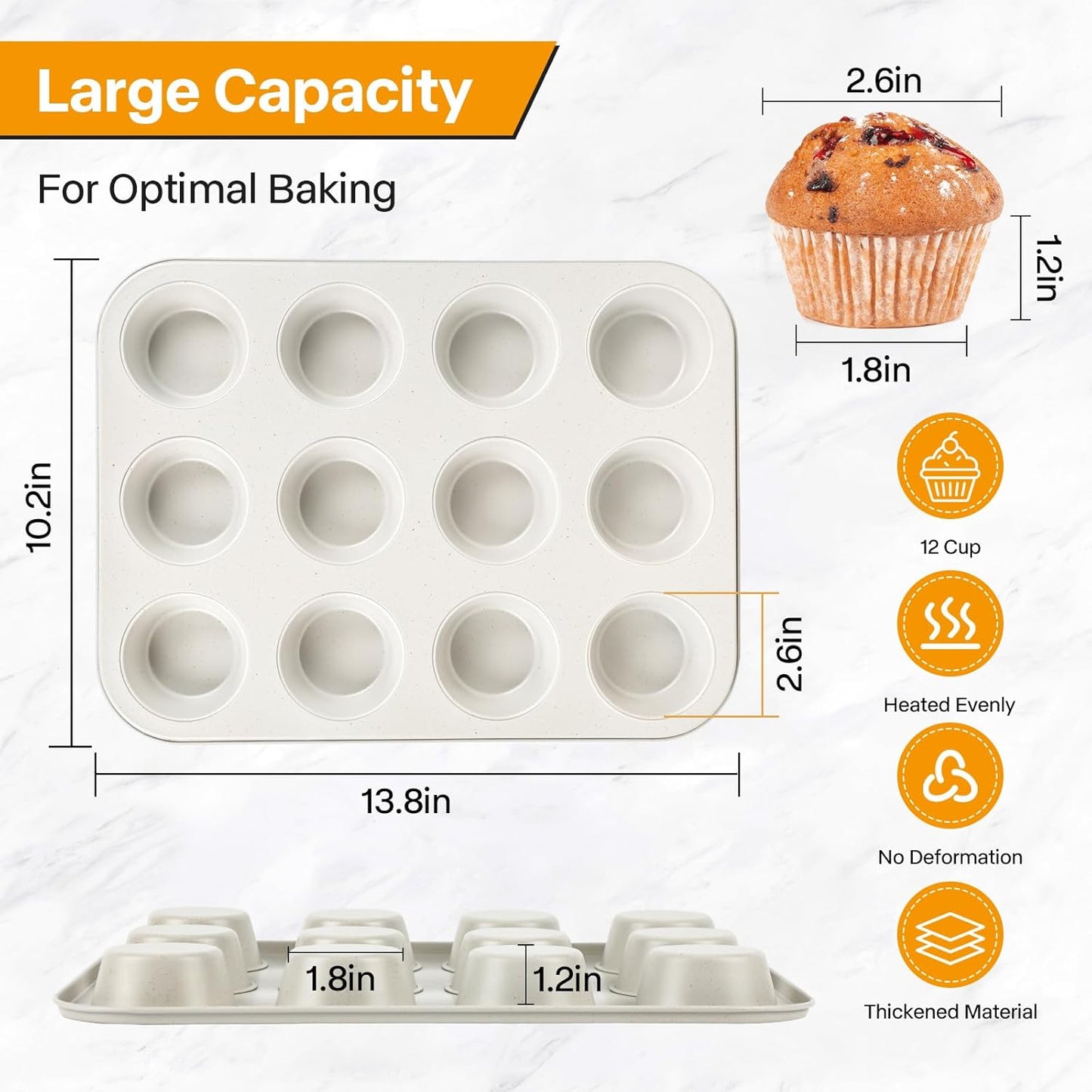 2-Pack Healthy Baking Cupcake Pan| Non Stick 12-Cup Muffin Pan | Durable & Easy Clean Muffin Tin | Perfect for Cupcakes, Muffins (Beige)