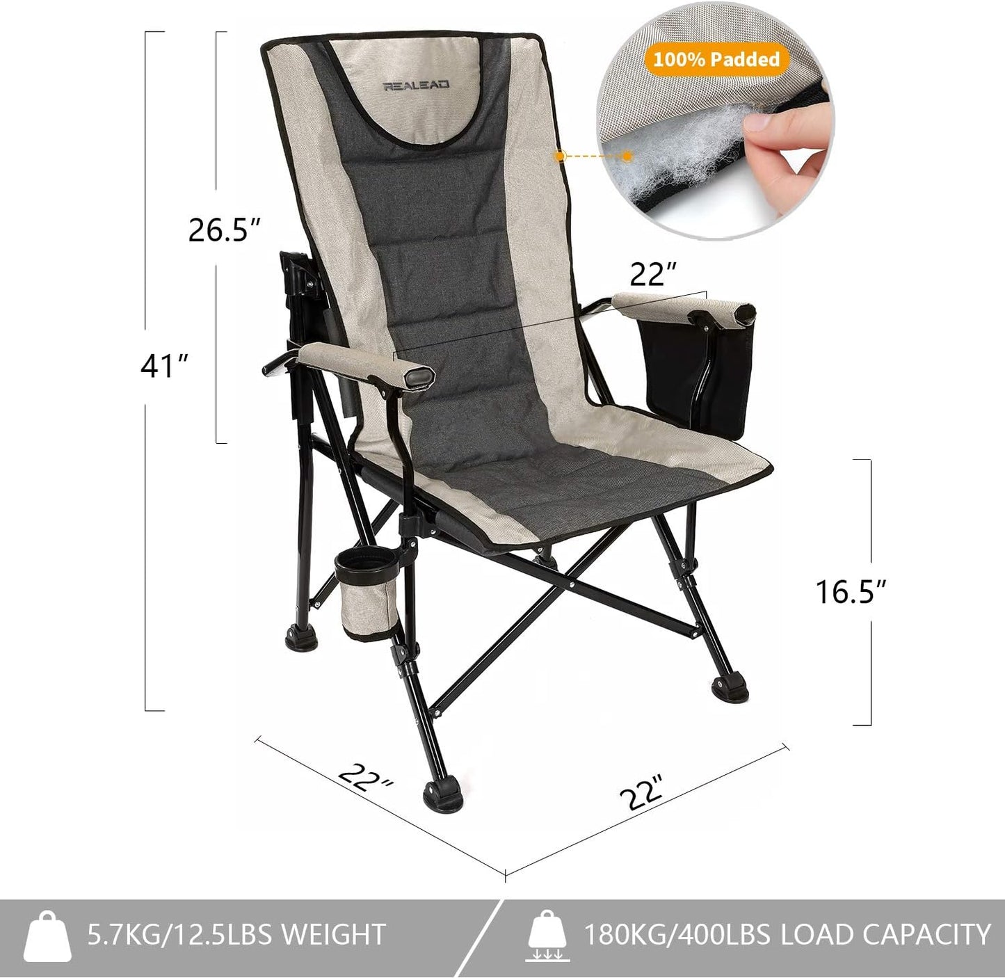 NEW - REALEAD Heated Camping Chair - Fully Padded Heated Camp Chairs for Outdoor Sports - Heavy Duty Folding Chairs Supports 400 lbs - Perfect for Outside Sport Events, Concert, Battery NOT Included - Retail $89