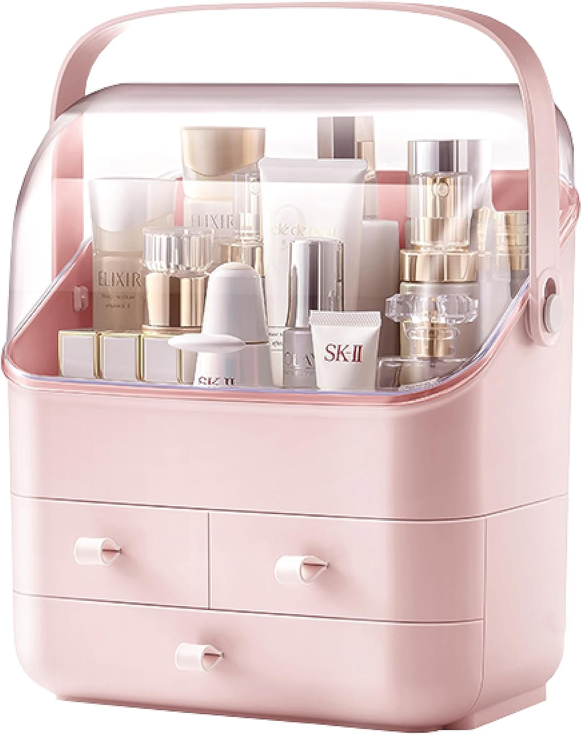 New - BRUUN Skin Care Cosmetic Storage Bin, A Large Pink Colored Dust and Water Proof Makeup Box with a Fully Open Lid & Drawers to Hold Brushes, Lotions, etc. for Countertop, Vanity, and Bathroom Dresser - Retail $35