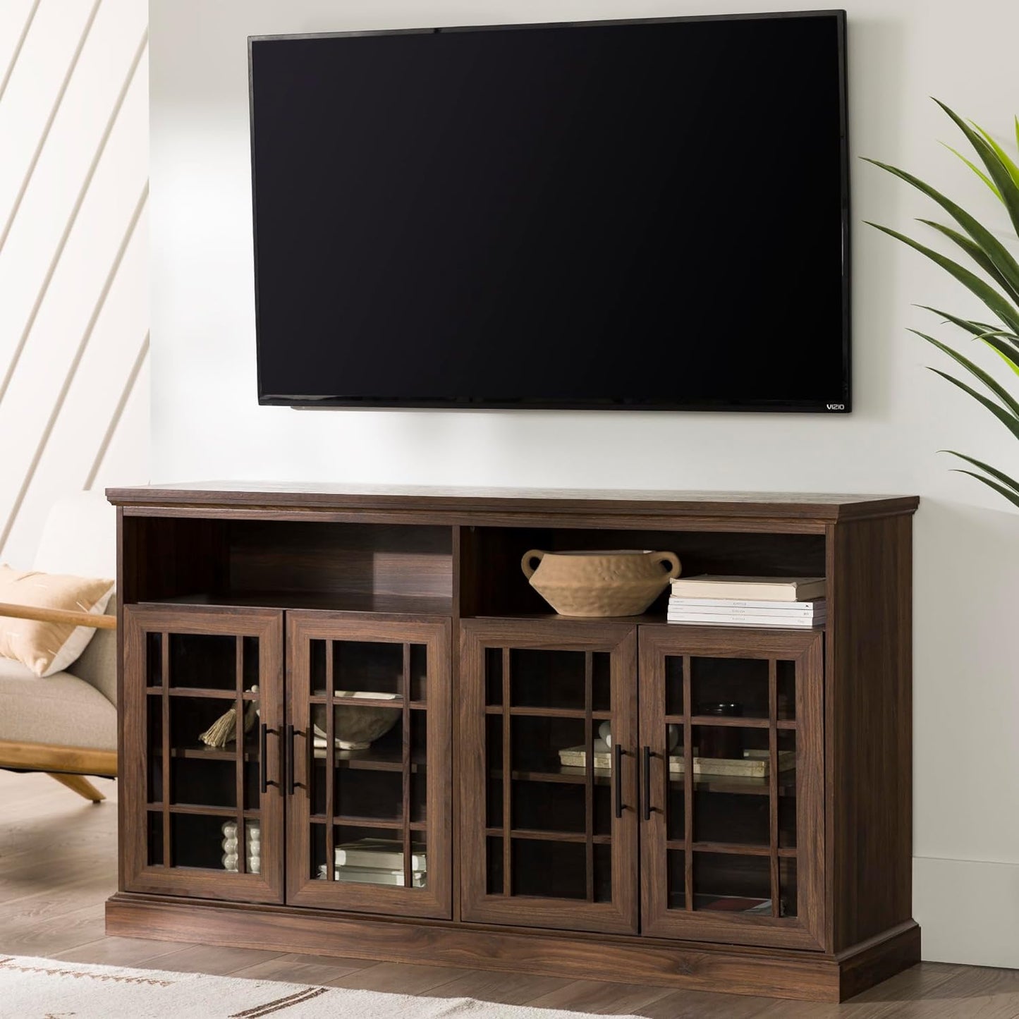 NEW - Walker Edison Classic Glass Door Universal TV Stand for TV's up to 64" Flat Screen Living Room Storage Cabinet Doors and Shelves Entertainment Center, 16"D x 58"W x 33"H, Dark Walnut - Retail $330