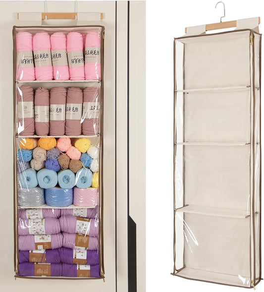 Hanging Yarn Storage with 4 Large Pockets, Clear Knitting Organizer Storage with Zippers for Crochet Lovers, Hanging Yarn Holder with Over-Door Hooks for Knitting Needles Crochet Hooks