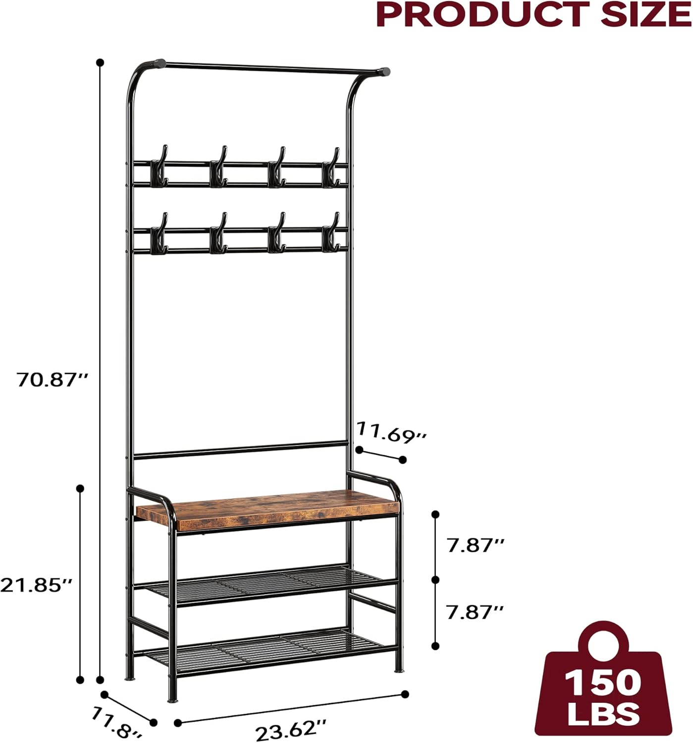 NEW - Alkmaar Entryway Bench with Coat Rack, Retro Brown, Made of Engineered Wood, 23.5" L x 11.8" W x 70.7" H - Retail $59