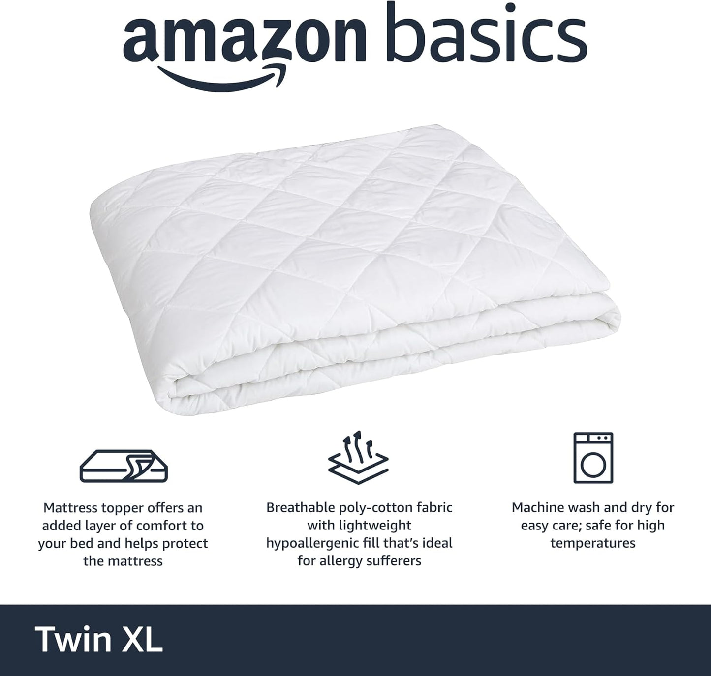 Amazon Basics Hypoallergenic Quilted Mattress Topper Pad, 18 Inches Deep, Twin XL, White