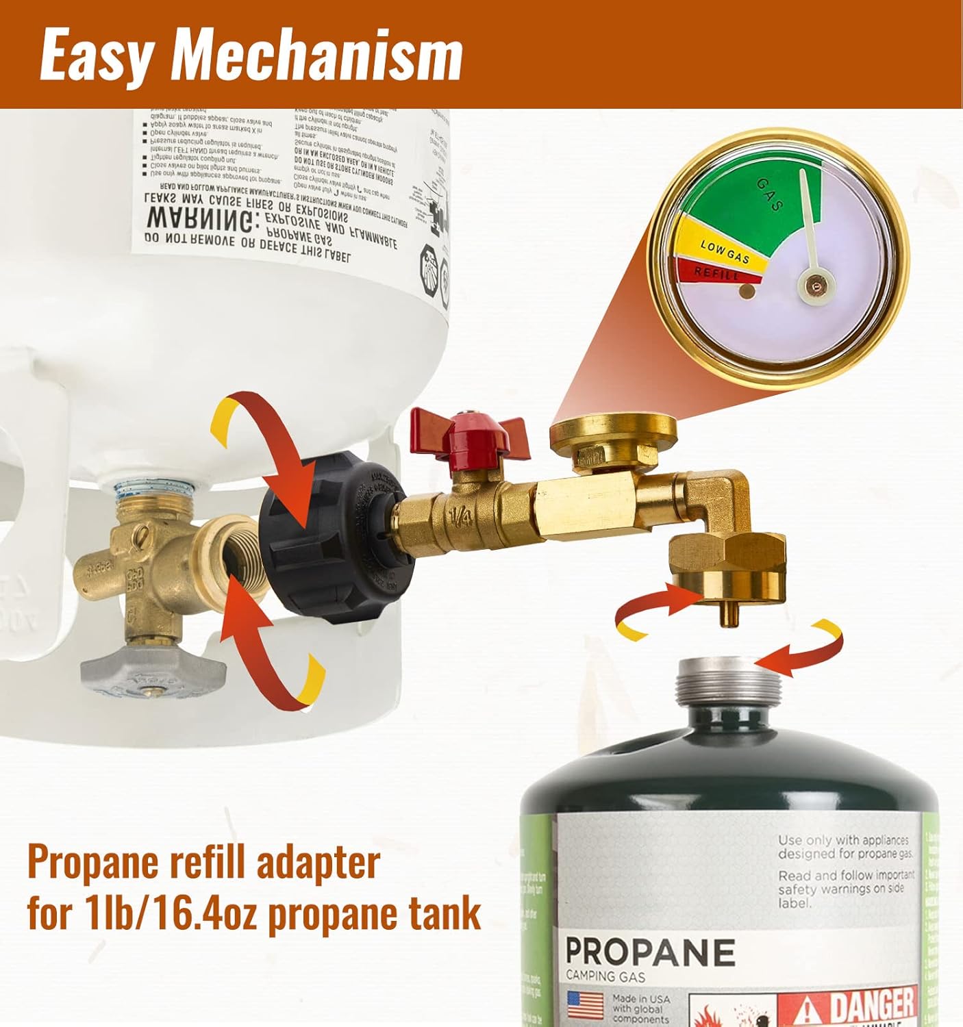 Propane Refill Adapter with Valve and Gauge, Fill 1 Pound Bottles from 20lb Tank, Fits QCC1 / Type1 Propane Tank and 1 lb Throwaway Disposable Cylinder Propane Bottle Connector