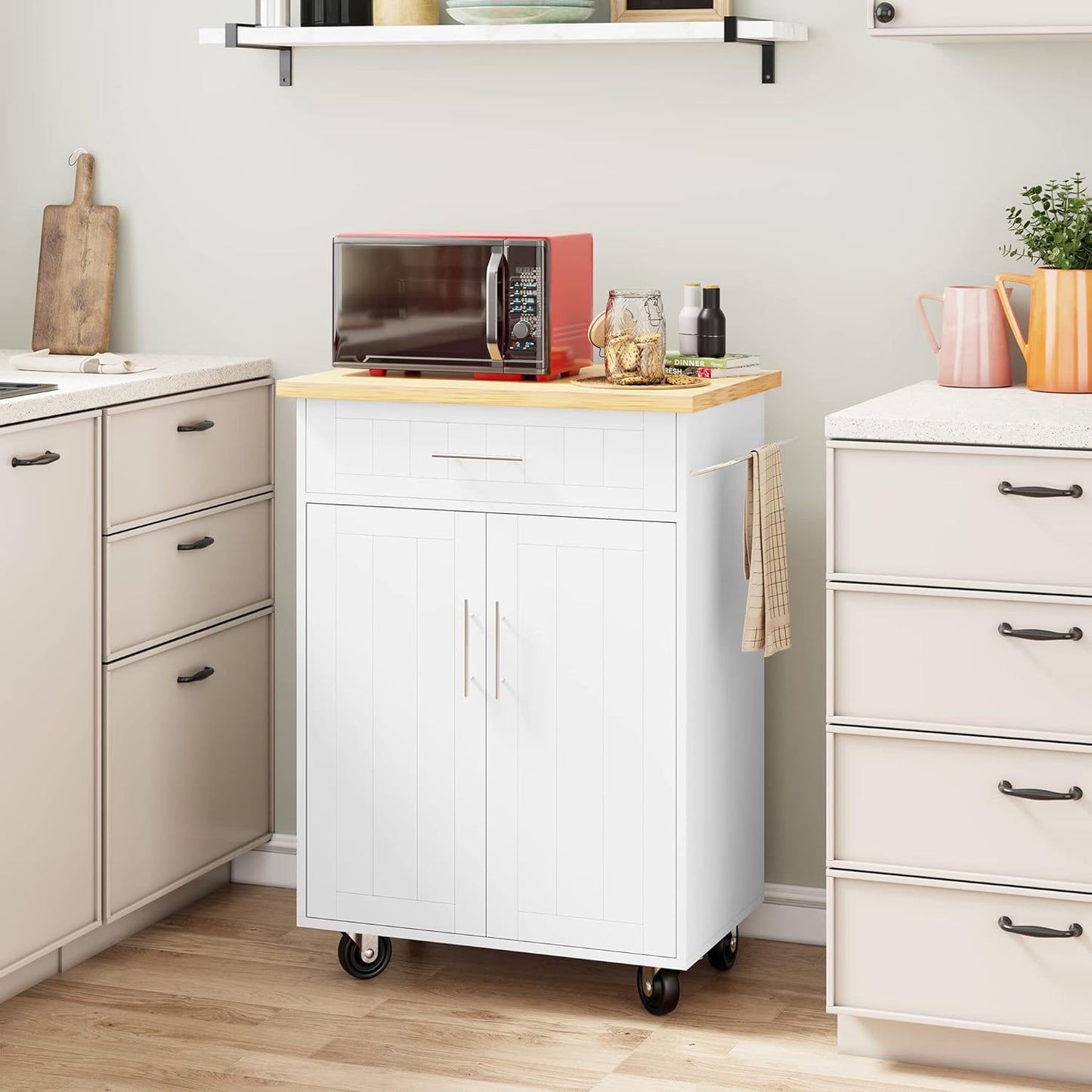 NEW - Shintenchi Kitchen Island Cart with Storage,Rolling Side Table on Wheels with Large Worktop, Cabinet,Towel Rack and Drawers for Kitchen,Dinning Room, White - Retail $116