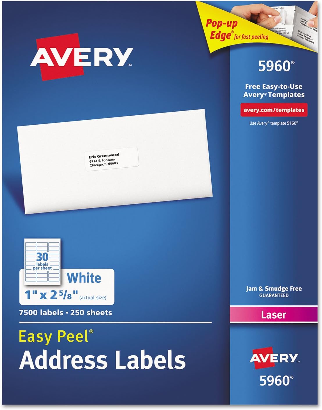 Avery 5960 Laser Labels, Mailing, 1-Inch x2-5/8-Inch, 7500/BX, White