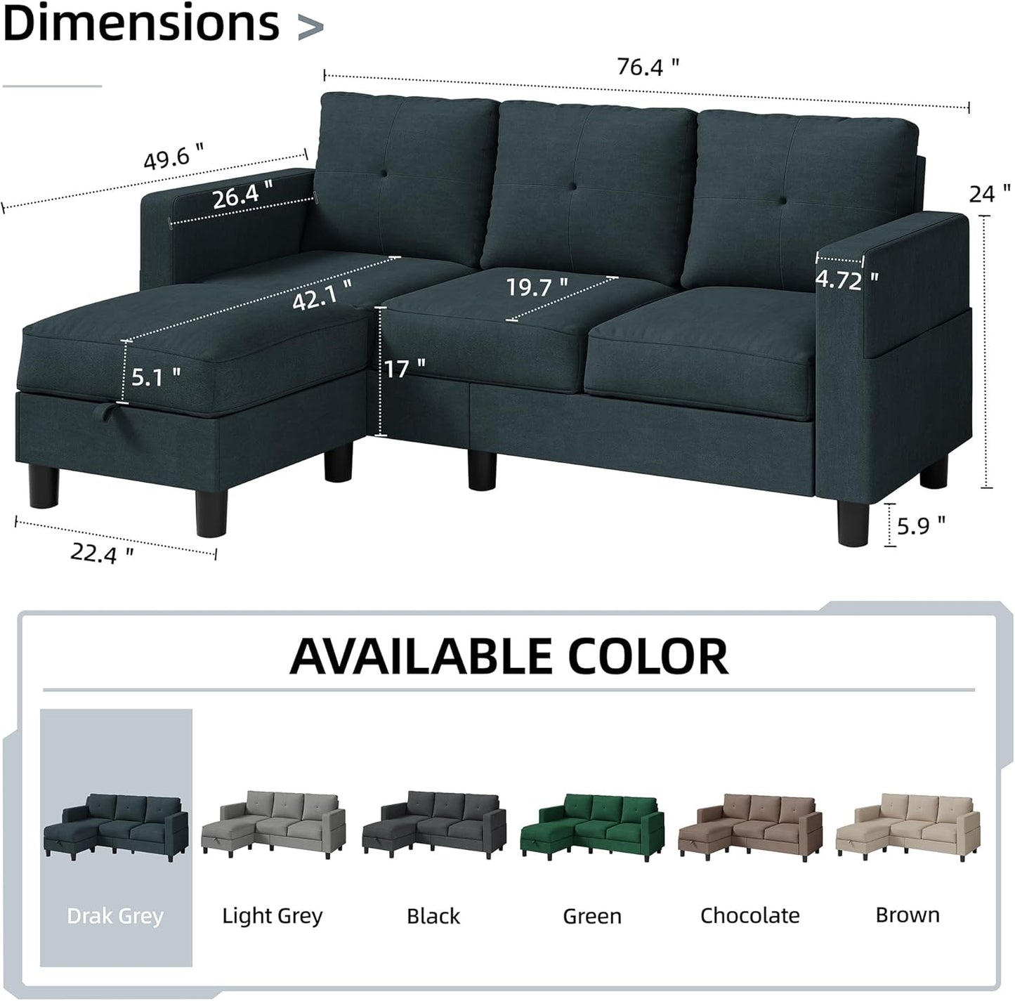 NEW - Shintenchi 79 Inch Convertible Sectional Sofa Couch, Modern Linen Fabric L-Shaped , 3-Seat Sofa Sectional with Reversible Chaise for Living Room, Apartment and Small Space (Dark Grey) - Retail $259