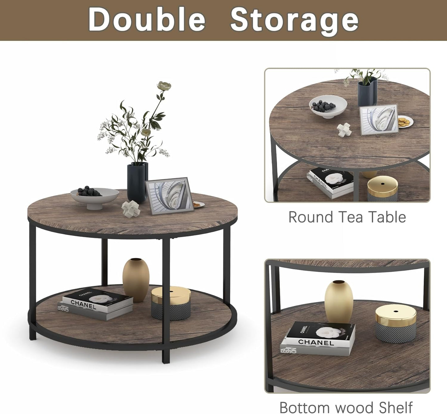 NSdirect Round Coffee Table, 25.6" Small Wood Coffee Table for Living Room, Rustic Modern Farmhouse Style, 2-Tier Storage Shelf Compact Space-Saving Design for Small Spaces(Dark Walnut) - Retail $89