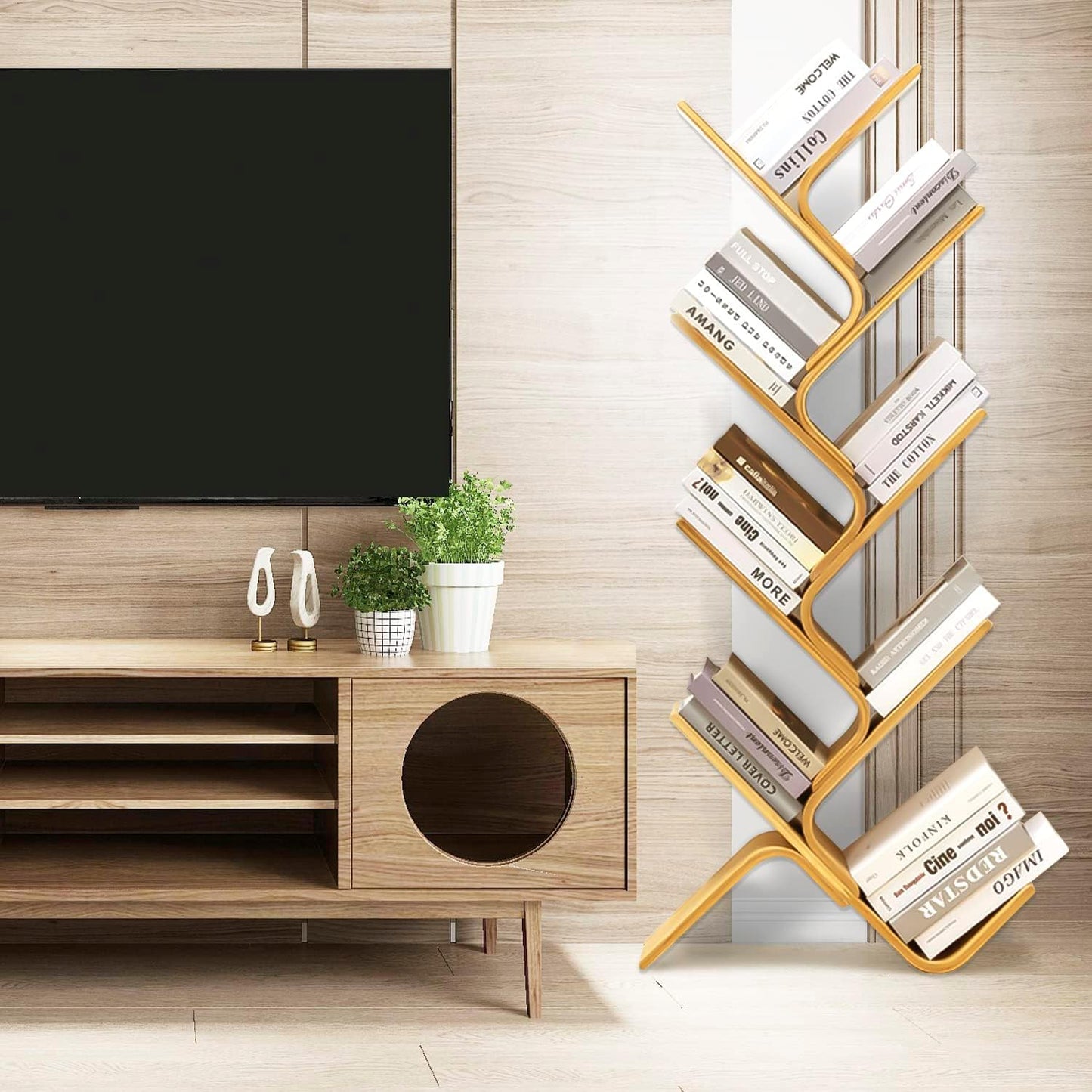 NEW - 8-Tier Floor Bamboo Tree Bookshelf, Modern Standing Bookcase Office Book Storage Creative Curved Rack Organizer Shelves, Book Shelf Space Saver for Home Living Room Corner Bedroom