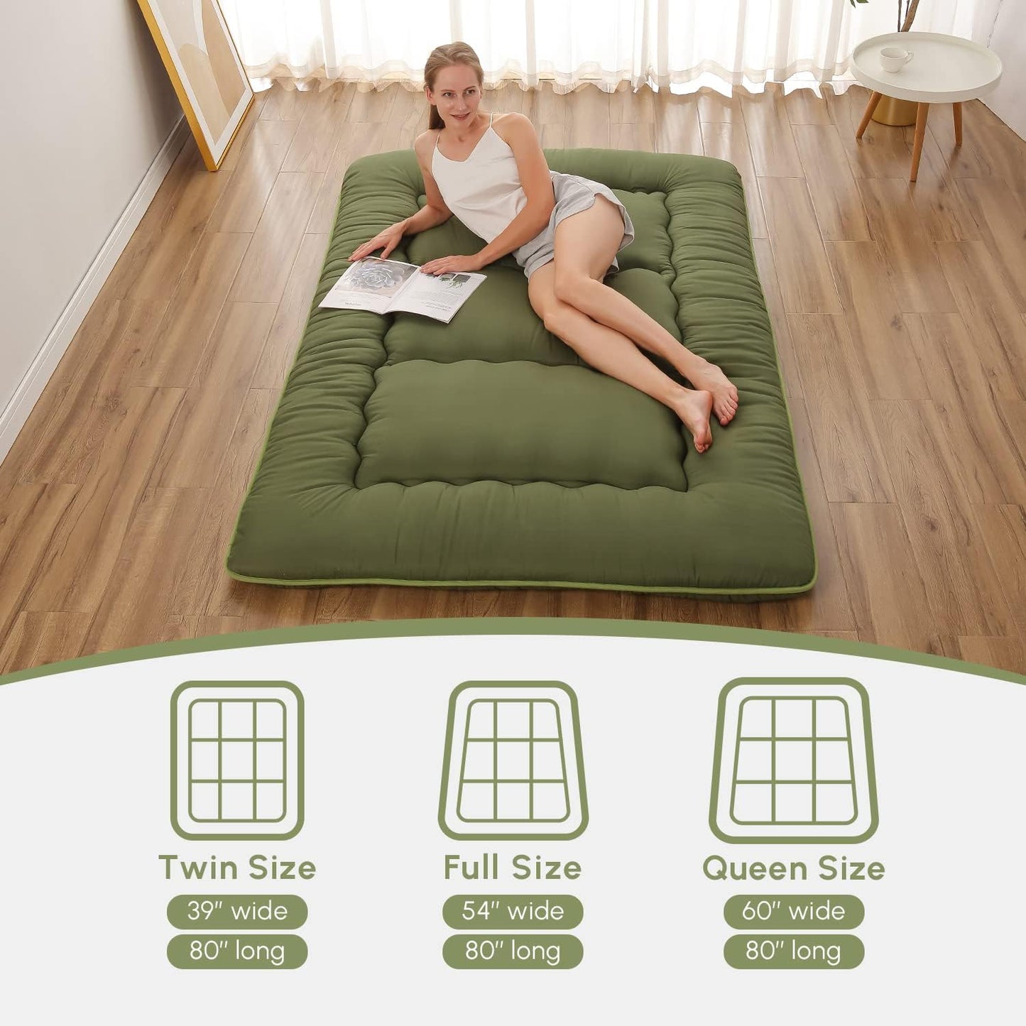 NEW - Japanese FULL Floor Mattress, Futon Mattress with Portable Storage Bag and Washable Cover, Roll Up Thick Tatami Mat Suitable for Camping, Guest Room, Green