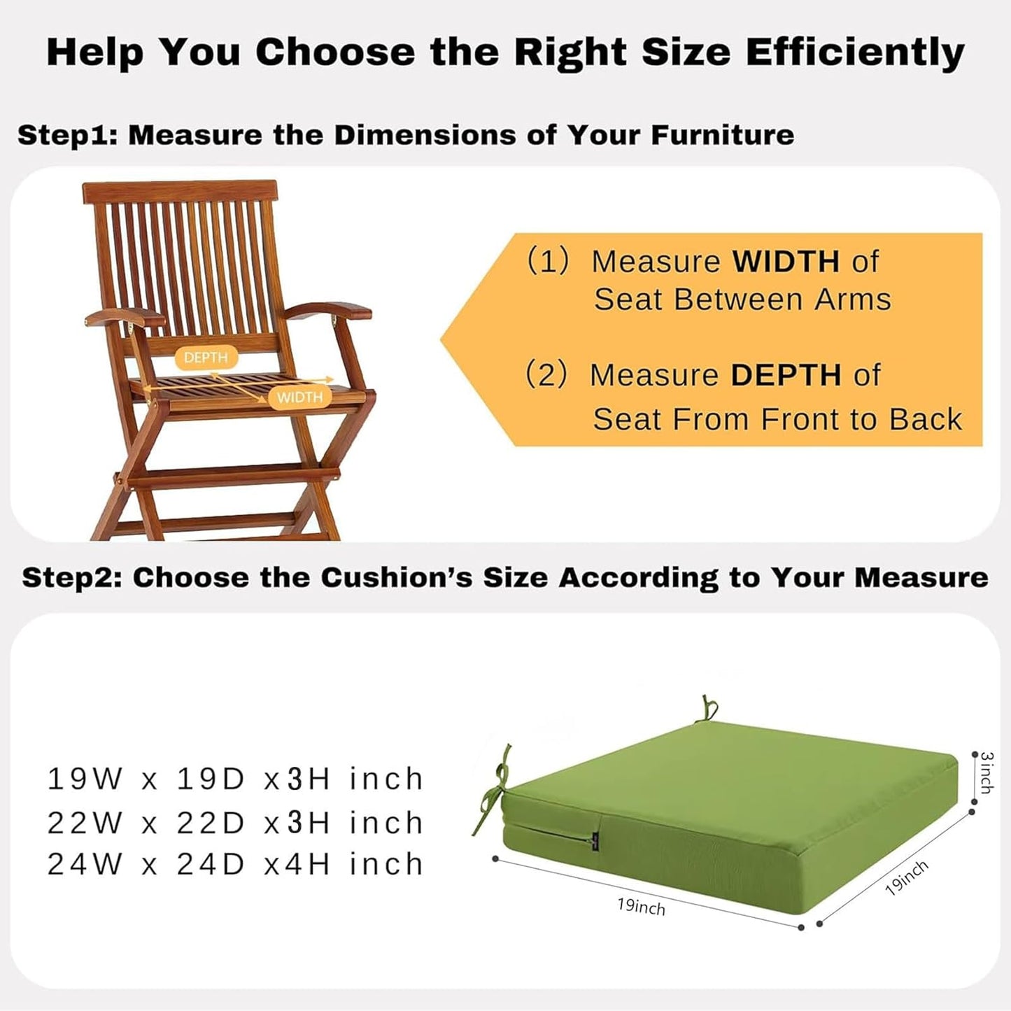 idee-home Outdoor Chair Cushions Set of 2, Waterproof Outdoor Seat Cushions for Patio Furniture, Outside Replacement Chair Pad with Ties for Lawn Deck Porch, 24 x 24 Green