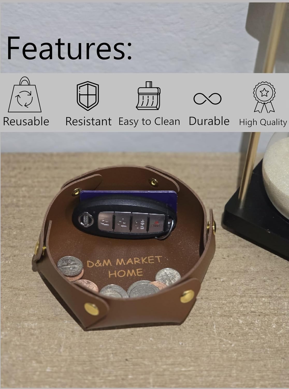 D&M MARKET HOME Leather Valet Tray - Nightstand Catchall Valet Tray Organizer for Jewelry, Keys, Coins, Phone