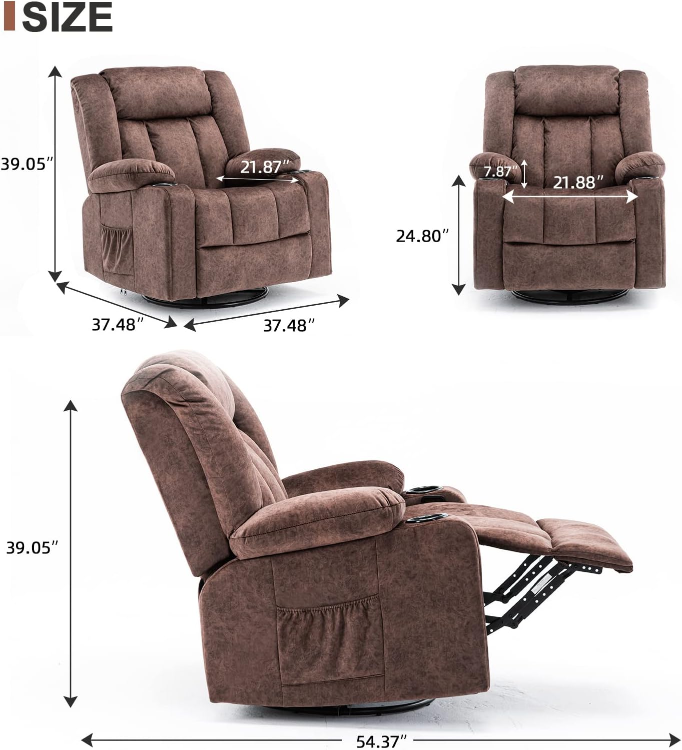 NEW - COMHOMA Recliner Chair Massage Rocker with Heated 360 Degree Swivel Lazy Boy Recliner Single Sofa Seat with Cup Holders for Living Room (brown) - Retail $289