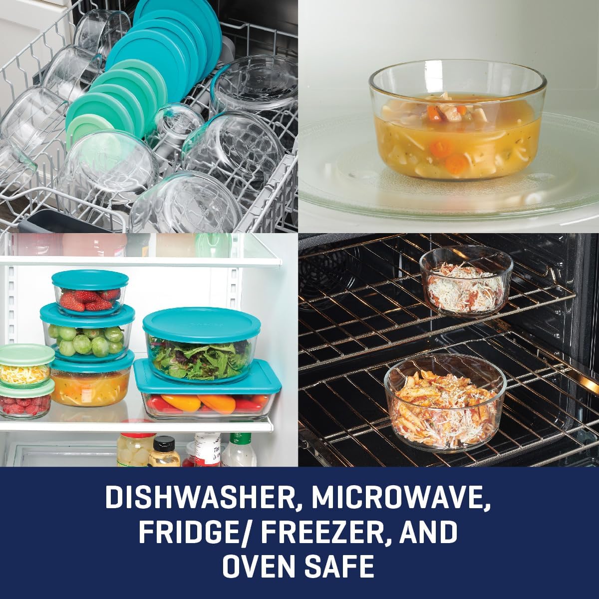 Anchor Hocking 18 Piece Glass Storage Containers with Lids (9 Glass Food Storage Containers & 9 Mixed Blue SnugFit Lids)