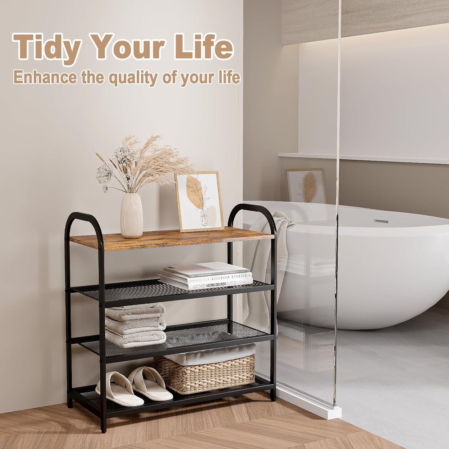 NEW w/ dmg - 4-Tier Shoe Rack with Large Capacity, Metal Shoe Shelf Organizer, Free Standing Shoe Rack for Front Door Entrance Entryway Hallway Living Room Doorway (11.02"D x 24.41"W x 23.62"H, Rustic)