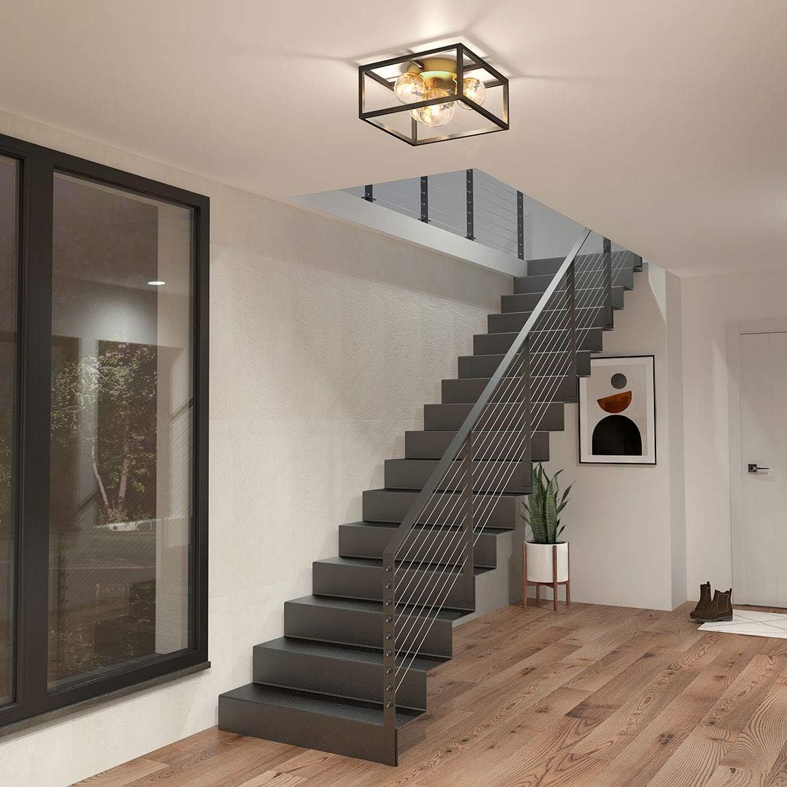 artika Griffintown Square Flush Mount with Glass Ball Shade, Black and Gold Finish Ceiling Light Fixture - Ideal for Bedroom, Hallway, Kitchen - Retail $99