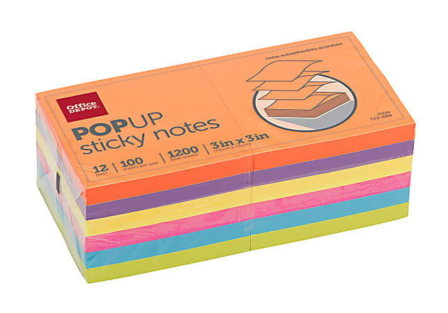 Office Depot® Brand Pop Up Sticky Notes, 3" x 3", Assorted Vivid Colors, 100 Sheets Per Pad, Pack Of 12 Pads