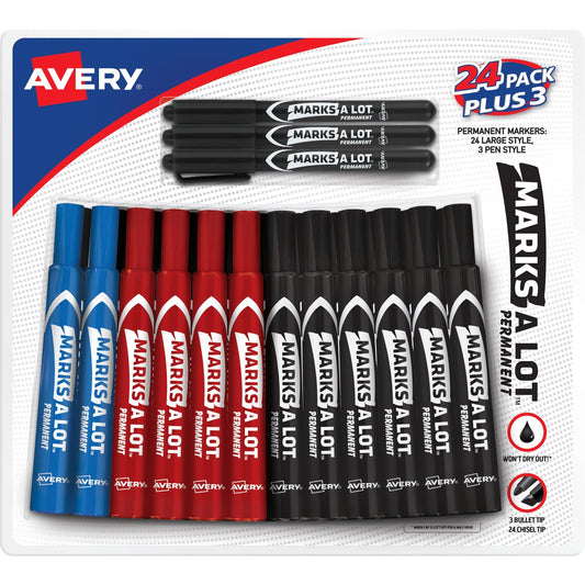 Avery Marks-A-Lot Permanent Marker, Chisel Tip, Assorted Colors, 27-count - Retail $12