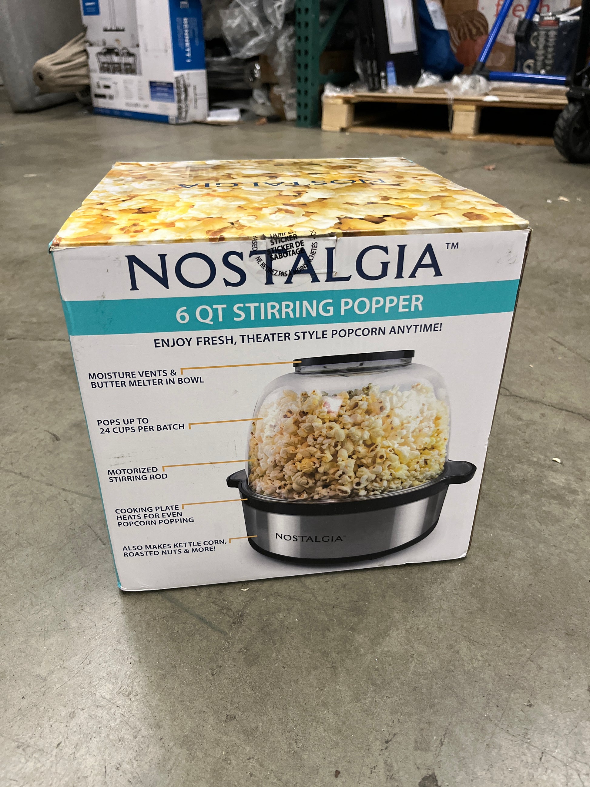 Nostalgia 6-Quart Stirring Popcorn Popper With Quick-Heat Technology, Makes 24 Cups of Popcorn, Kernel Measuring Cup, Oil Free, Makes Roasted Nuts, Perfect for Birthday Parties, Stainless - Retail $39